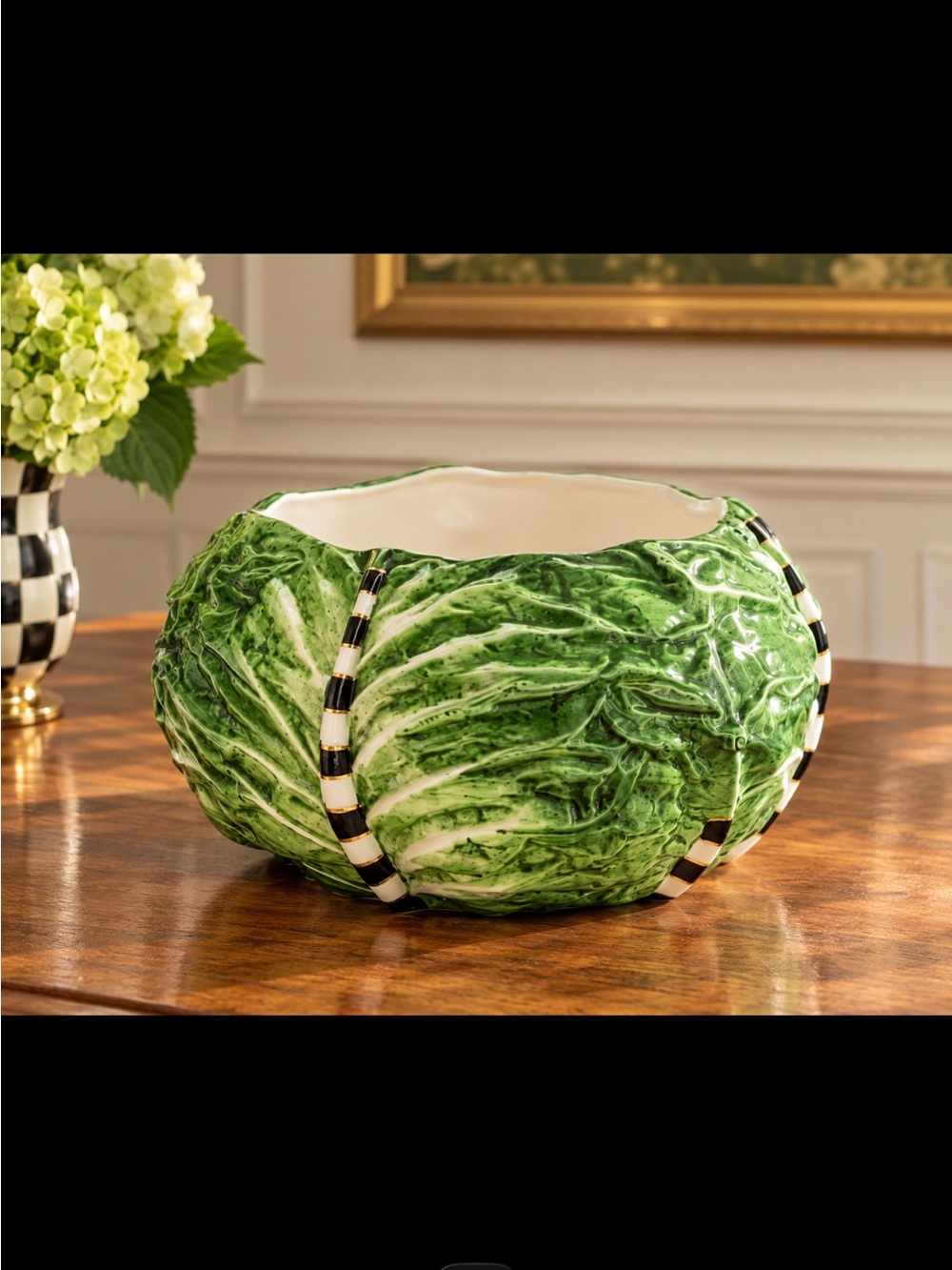 RARE~MacKenzie-Childs Cabbage Bowl Green Courtly Check Ceramic Centerpiece